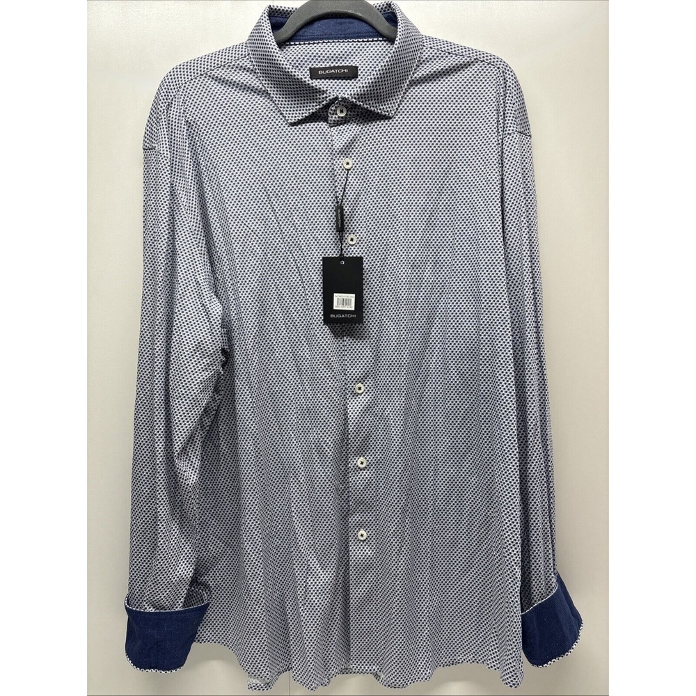 BUGATCHI Mens Long Sleeve Dress Shirt Sz 2X Navy Stretch 100%‎ Cotton Print NEW